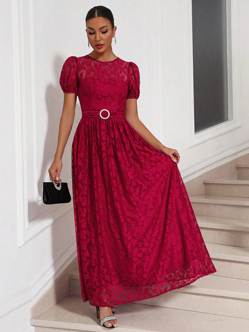 Round Neck Puff Short Sleeve Belted Lace Flower Dress