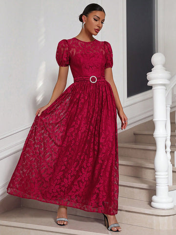 Round Neck Puff Short Sleeve Belted Lace Flower Dress