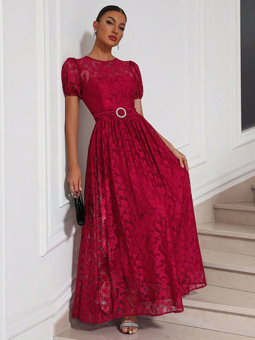 Round Neck Puff Short Sleeve Belted Lace Flower Dress