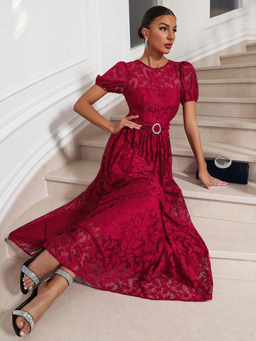 Round Neck Puff Short Sleeve Belted Lace Flower Dress