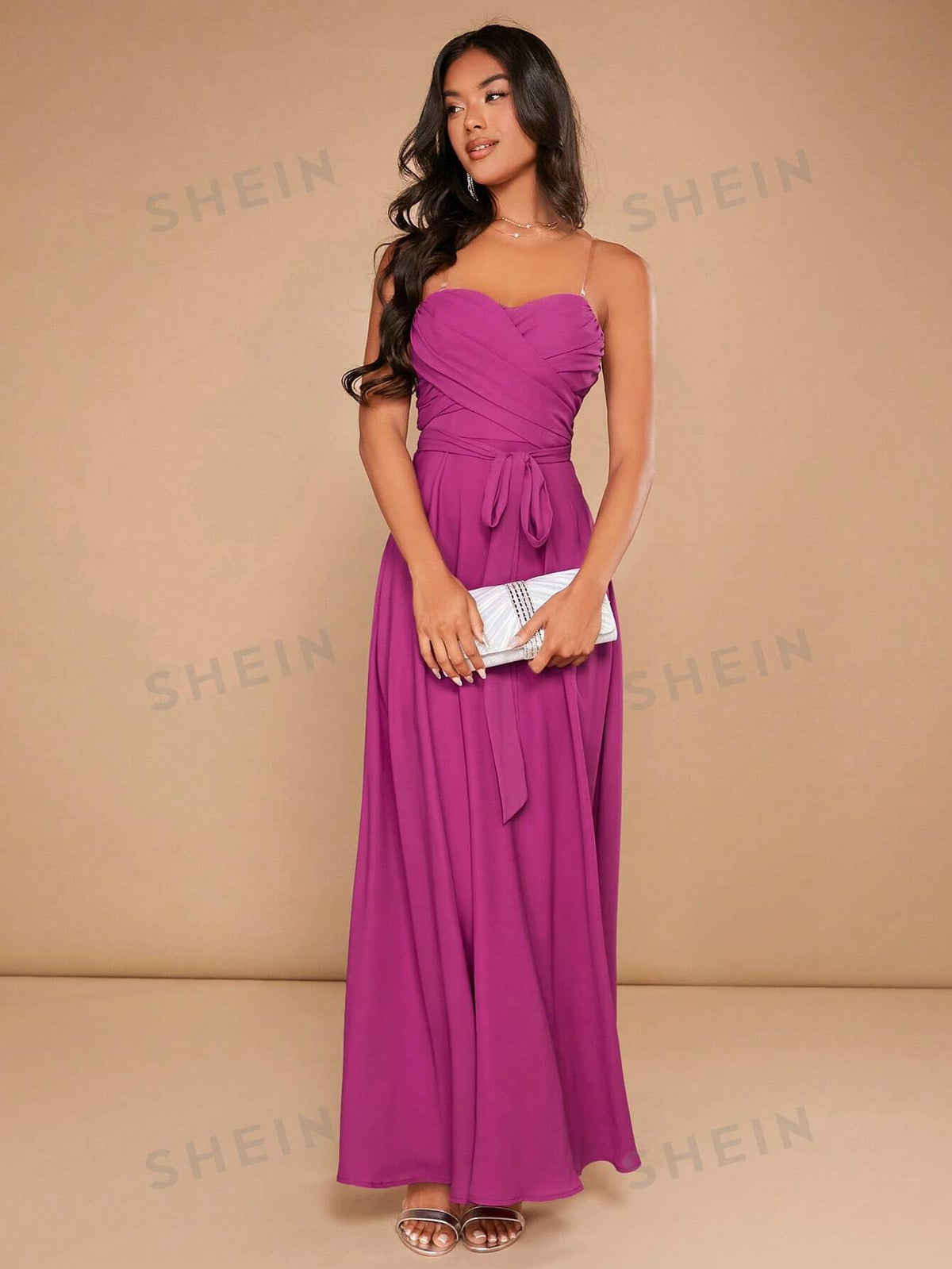 Ruched Belted Tube Dress With Transparent Straps