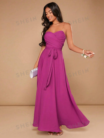 Ruched Belted Tube Dress With Transparent Straps
