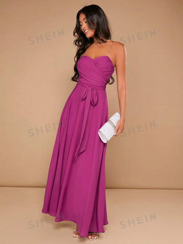 Ruched Belted Tube Dress With Transparent Straps