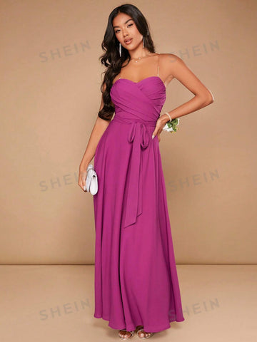 Ruched Belted Tube Dress With Transparent Straps