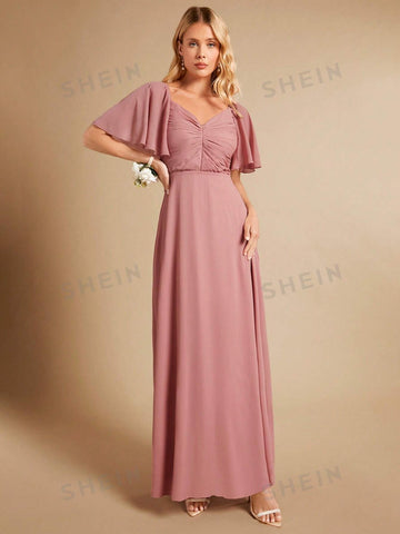 Ruched Bust Butterfly Sleeve Bridesmaid Dress