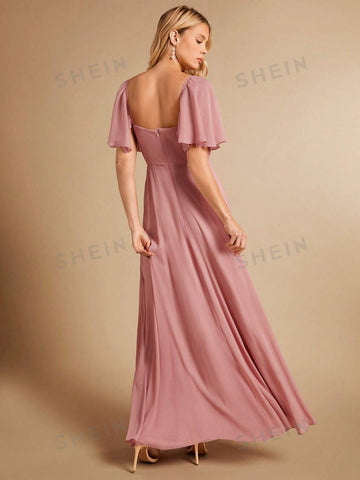 Ruched Bust Butterfly Sleeve Bridesmaid Dress