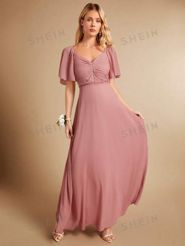 Ruched Bust Butterfly Sleeve Bridesmaid Dress