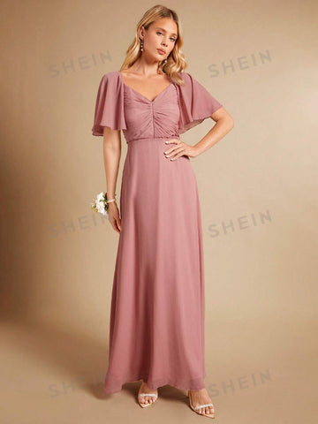 Ruched Bust Butterfly Sleeve Bridesmaid Dress