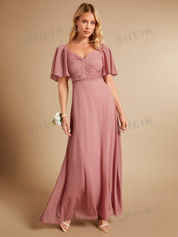 Ruched Bust Butterfly Sleeve Bridesmaid Dress
