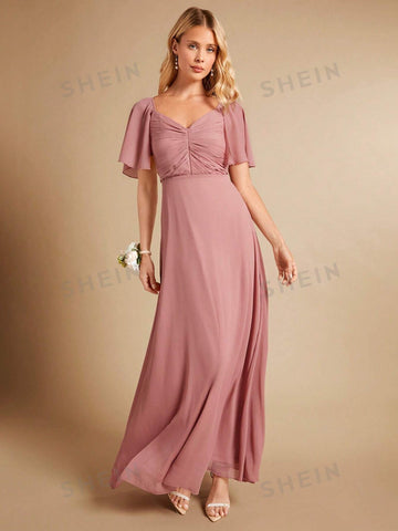 Ruched Bust Butterfly Sleeve Bridesmaid Dress