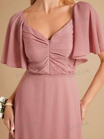 Ruched Bust Butterfly Sleeve Bridesmaid Dress
