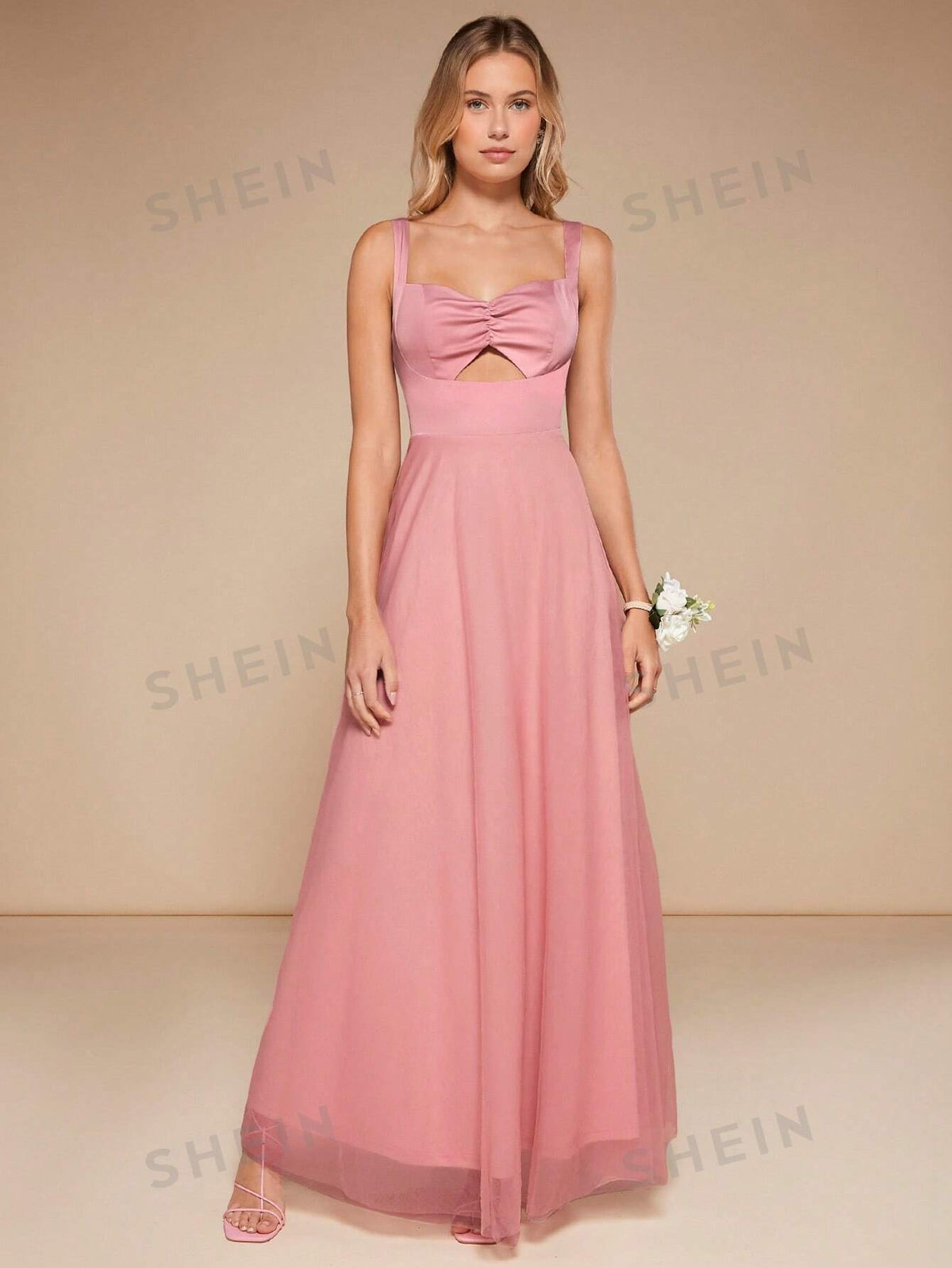 Ruched Bust Cut Out Front Mesh Cami Bridesmaid Dress