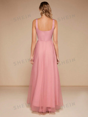 Ruched Bust Cut Out Front Mesh Cami Bridesmaid Dress