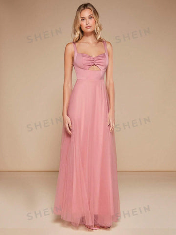 Ruched Bust Cut Out Front Mesh Cami Bridesmaid Dress