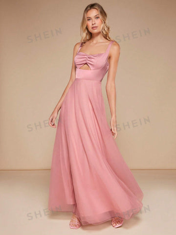 Ruched Bust Cut Out Front Mesh Cami Bridesmaid Dress