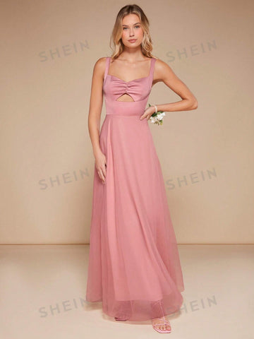 Ruched Bust Cut Out Front Mesh Cami Bridesmaid Dress