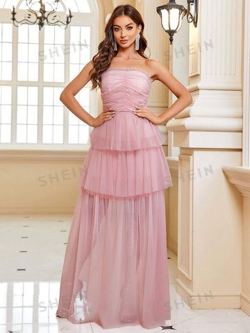 Ruched Bust Layer Hem Mesh Tube Bridesmaid Dress