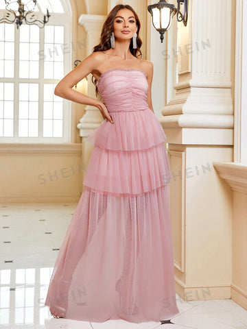 Ruched Bust Layer Hem Mesh Tube Bridesmaid Dress