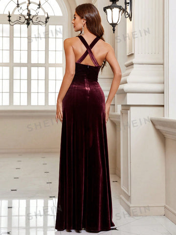 Ruched Front Split Thigh Velvet Bridesmaid Dress