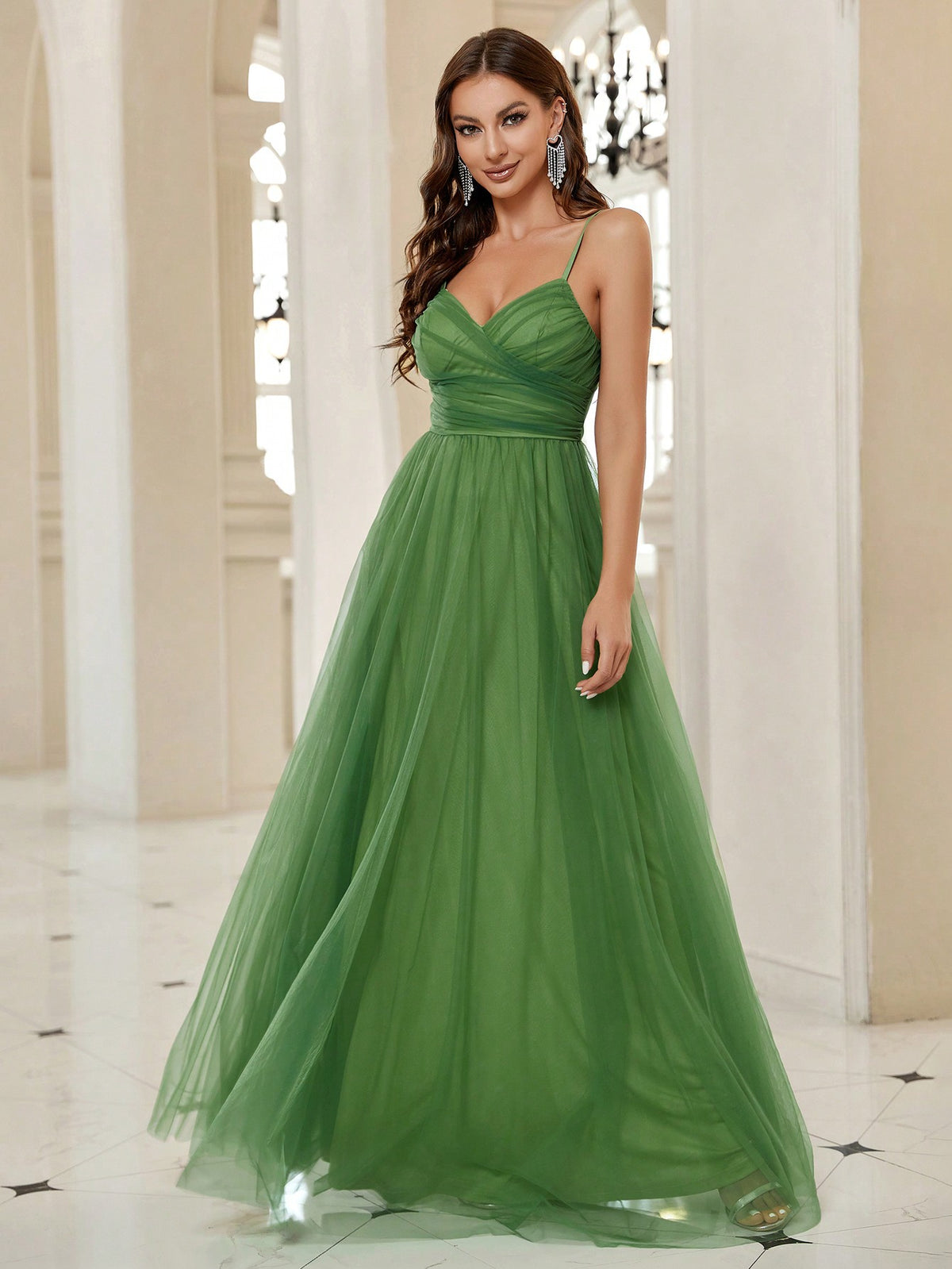 Ruched Mesh Overlay Cami Formal Dress