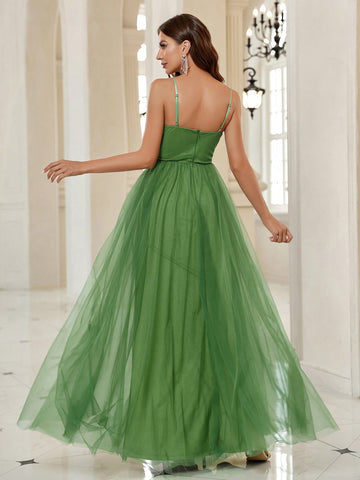 Ruched Mesh Overlay Cami Formal Dress