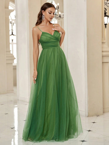 Ruched Mesh Overlay Cami Formal Dress