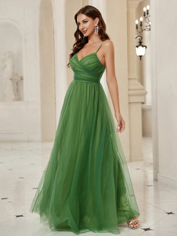 Ruched Mesh Overlay Cami Formal Dress