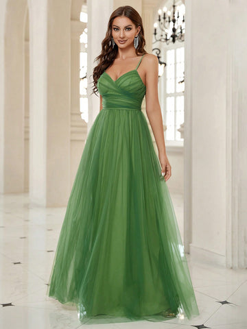 Ruched Mesh Overlay Cami Formal Dress