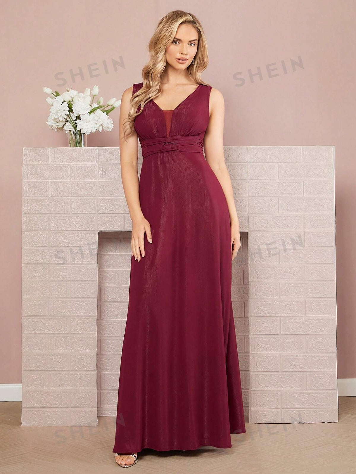 Ruched Waist Mesh Insert Bridesmaid Dress
