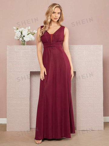 Ruched Waist Mesh Insert Bridesmaid Dress