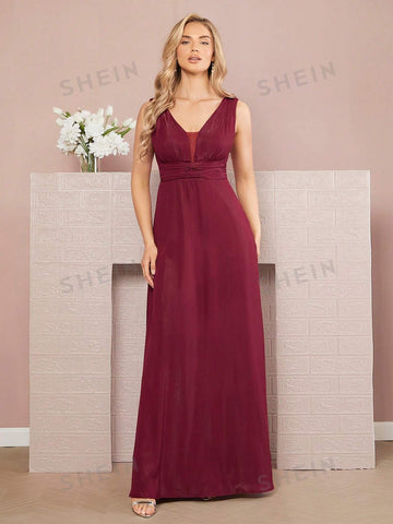 Ruched Waist Mesh Insert Bridesmaid Dress