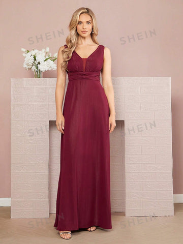Ruched Waist Mesh Insert Bridesmaid Dress