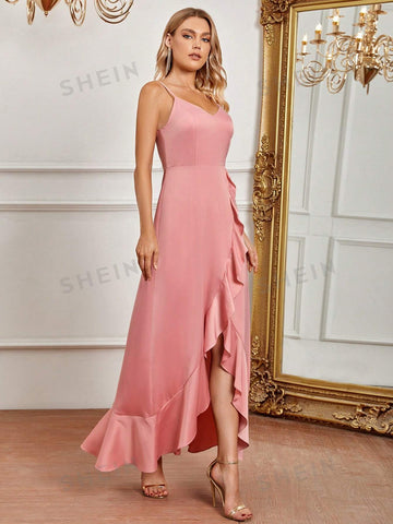 Ruffle Trim Asymmetrical Hem Bridesmaid Dress