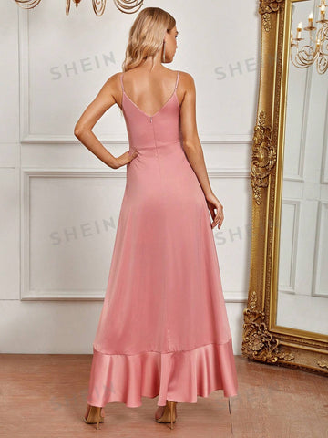 Ruffle Trim Asymmetrical Hem Bridesmaid Dress