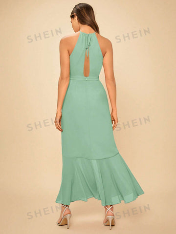 Ruffle Trim Halter Bridesmaid Dress