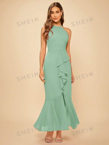 Ruffle Trim Halter Bridesmaid Dress