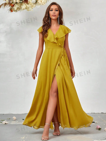 Ruffle Trim Knot Side Bridesmaid Dress