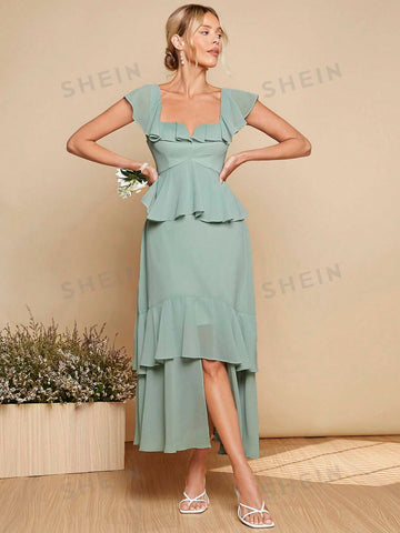 Ruffle Trim Layered Hem Dress