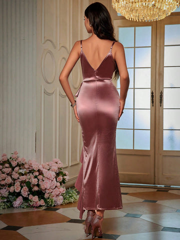 Ruffle Trim Ruched Front Satin Cami Bridesmaid Dress