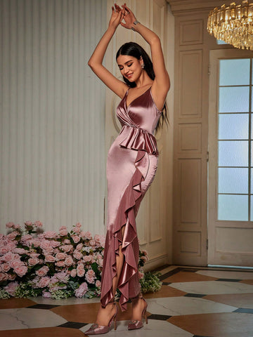 Ruffle Trim Ruched Front Satin Cami Bridesmaid Dress