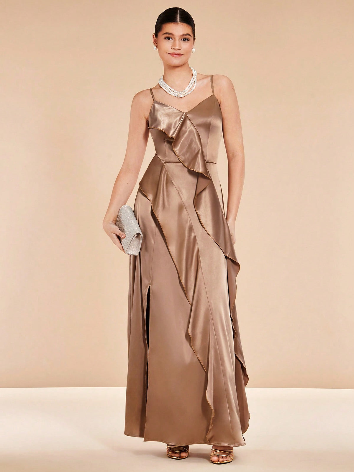 Ruffle Trim Satin Cami Bridesmaid Dress