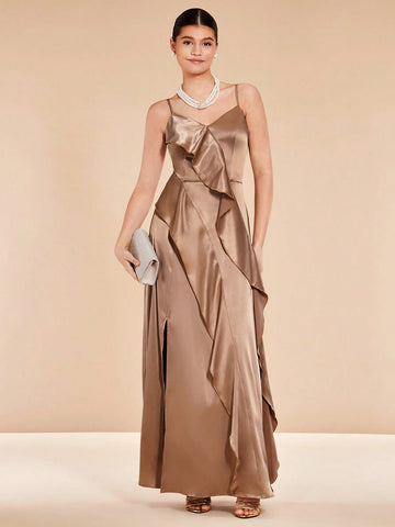 Ruffle Trim Satin Cami Bridesmaid Dress