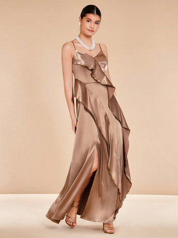 Ruffle Trim Satin Cami Bridesmaid Dress