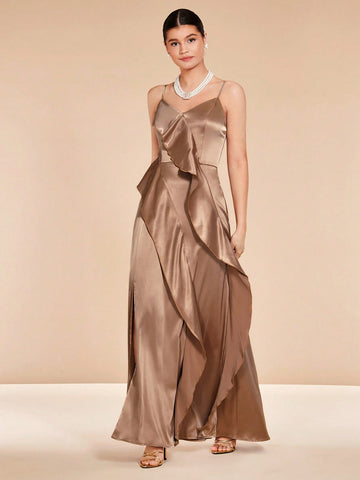 Ruffle Trim Satin Cami Bridesmaid Dress