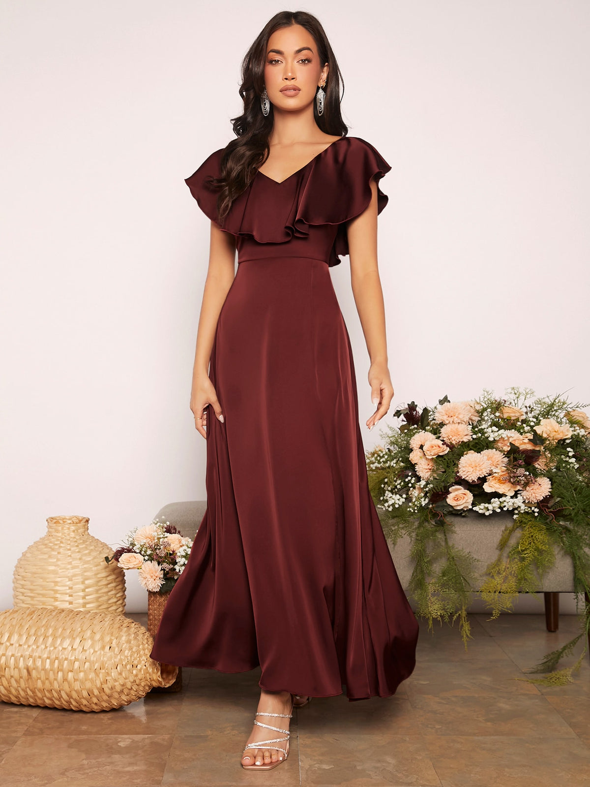 Ruffle Trim Slit Thigh Satin Bridesmaid Dress