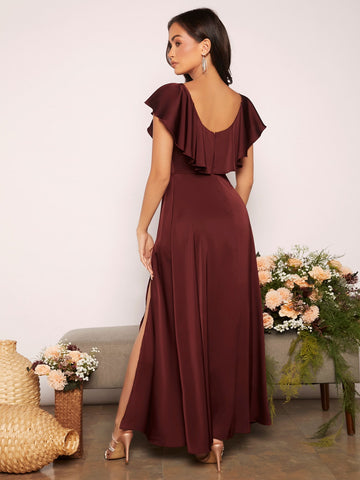 Ruffle Trim Slit Thigh Satin Bridesmaid Dress