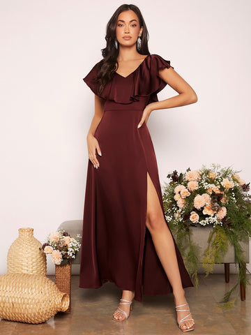 Ruffle Trim Slit Thigh Satin Bridesmaid Dress