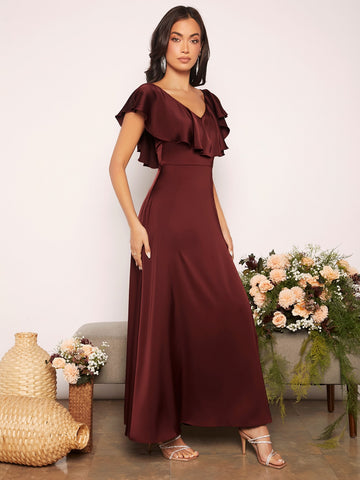 Ruffle Trim Slit Thigh Satin Bridesmaid Dress