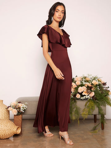 Ruffle Trim Slit Thigh Satin Bridesmaid Dress