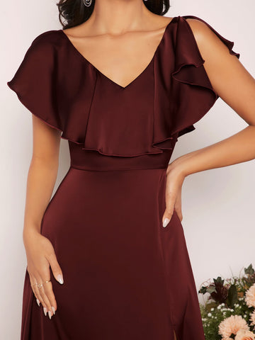 Ruffle Trim Slit Thigh Satin Bridesmaid Dress
